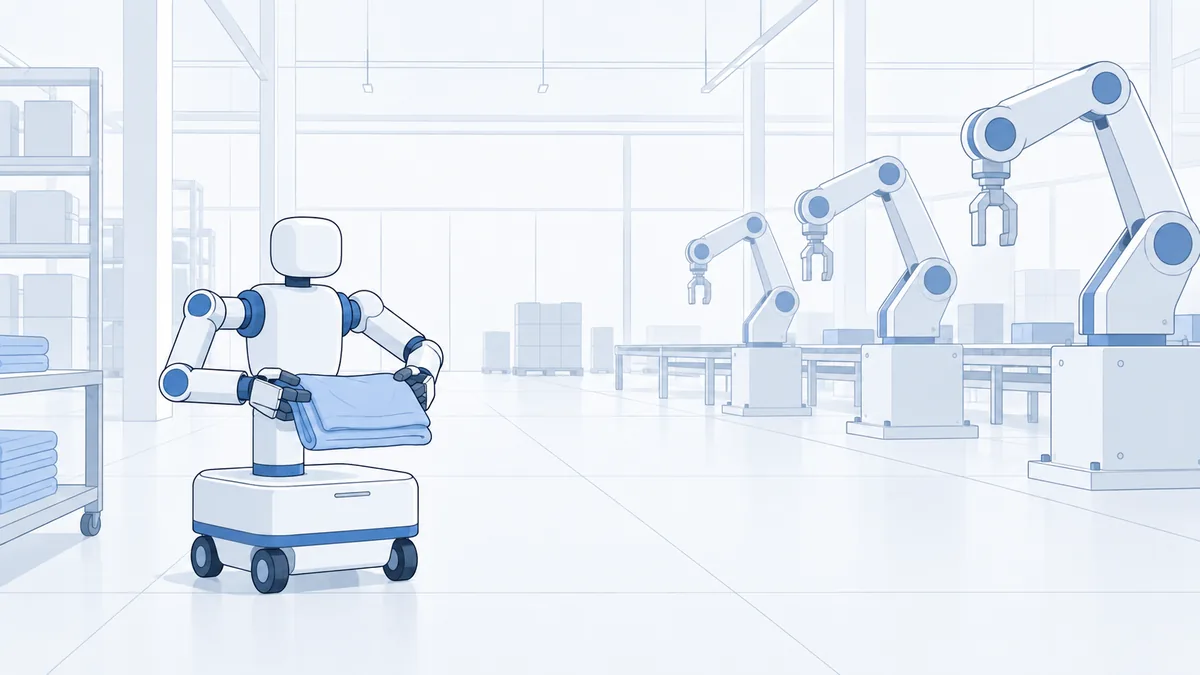 明るい工場の床に、車輪の台車に載った小型の双腕ロボットが立ち、たたんだ布を両手で持っている。奥には従来型の産業用ロボットアームが並んでいる。